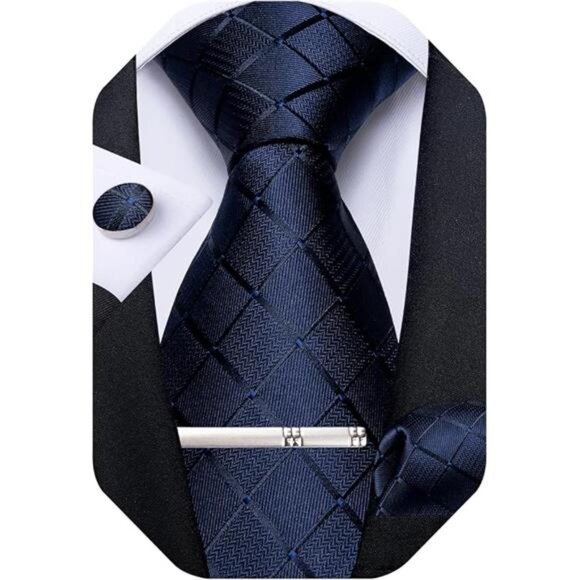 Plaid Ties for Men Silk Checkered Necktie & Pocket Square Cufflinks Tie Clip Set - Picture 7 of 7